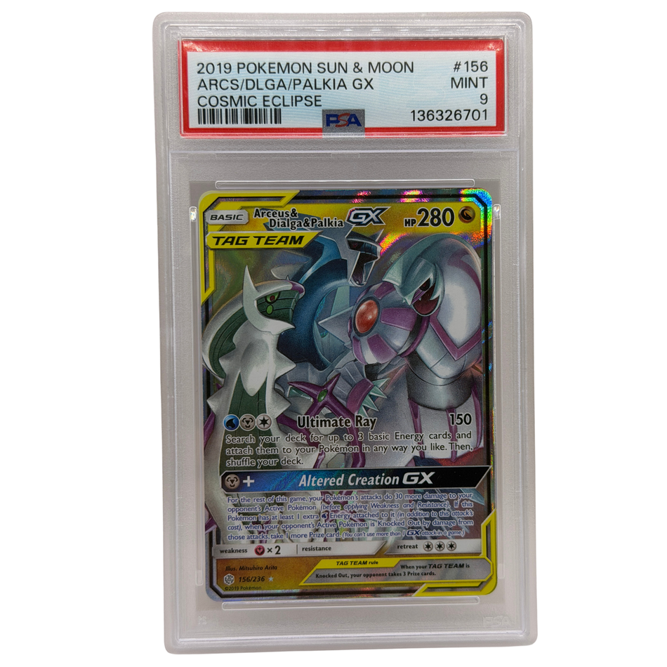 Pokemon TCG: Sun & Moon Arceus Dialga Palkia GX 156/236 Cosmic Eclipse PSA 9