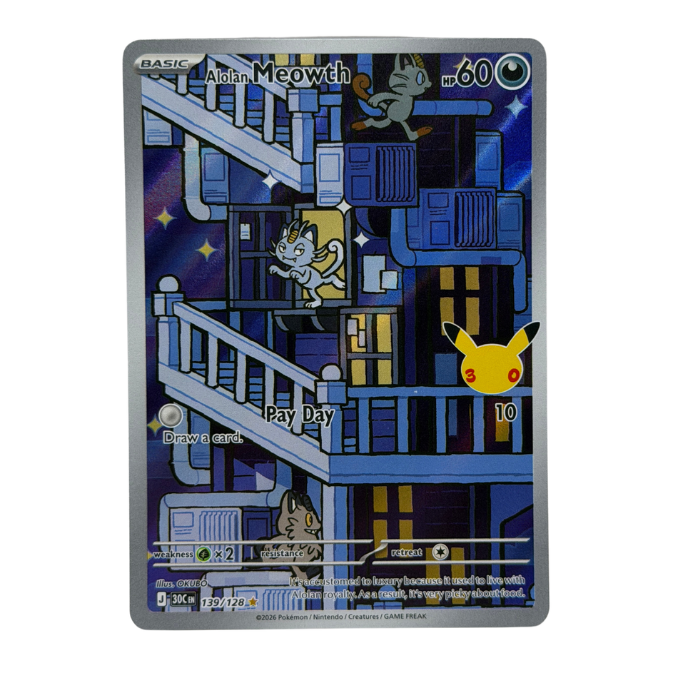 Pokemon TCG: Alolan Meowth 139/128 30th Anniversary IR NM