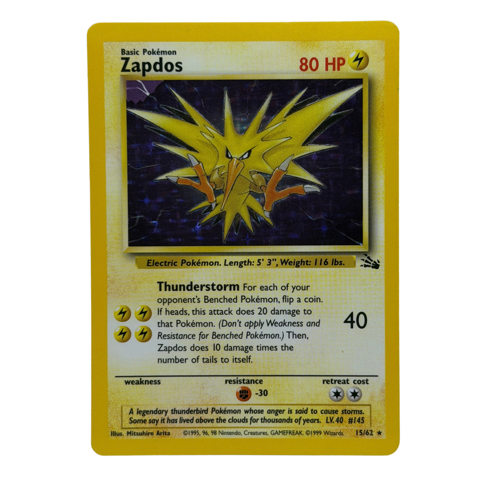 Pokemon TCG: 1999 Zapdos 15/62 Unlimited Holo Rare WOTC Vintage Fossil NM