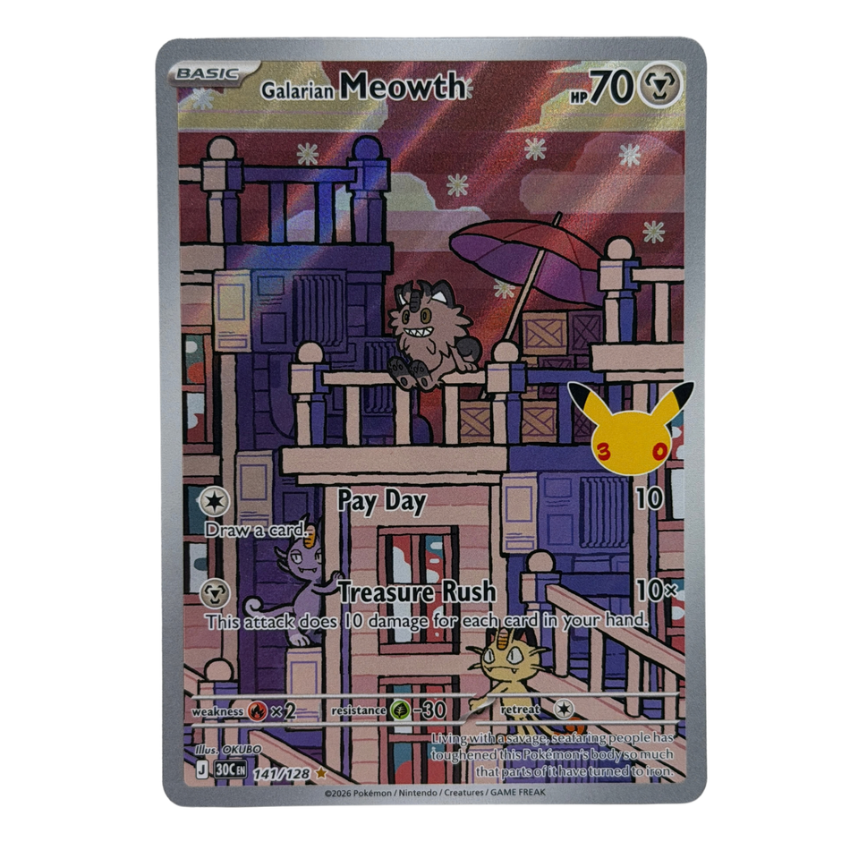 Pokemon TCG: Galarian Meowth 141/128 Me: 30th Celebration Holo Full Art NM